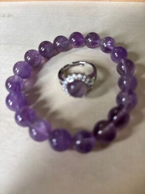 Amethyst 10mm Bead Bracelet and Ring Set - Purple Gemstone Jewelry
